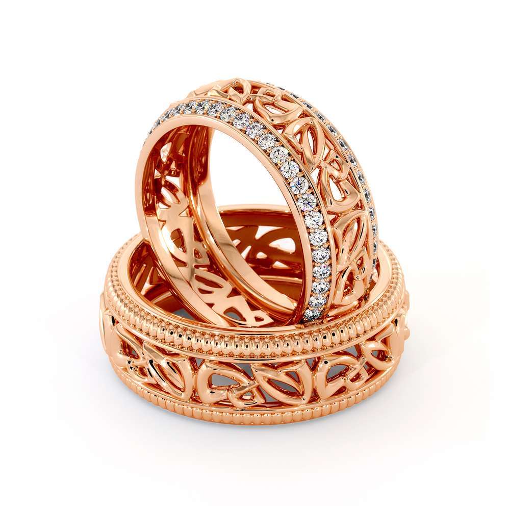 His and Hers Art Deco Wedding Band Set-14K Rose Gold Wedding Rings-Matching Band Set 5 His and Hers Art Deco Wedding Band Set-14K Rose Gold Wedding Rings-Matching Band Set