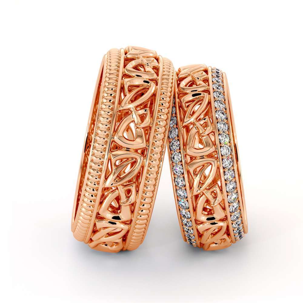 His and Hers Art Deco Wedding Band Set-14K Rose Gold Wedding Rings-Matching Band Set 2 His and Hers Art Deco Wedding Band Set-14K Rose Gold Wedding Rings-Matching Band Set