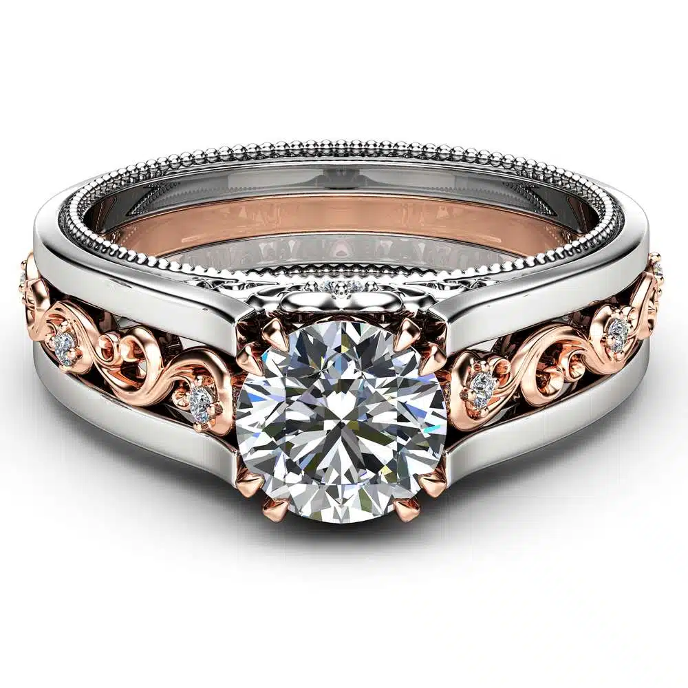Antique Engagement Ring 14K Two Tone Gold Moissanite Ring  Moissanite Engagement Ring