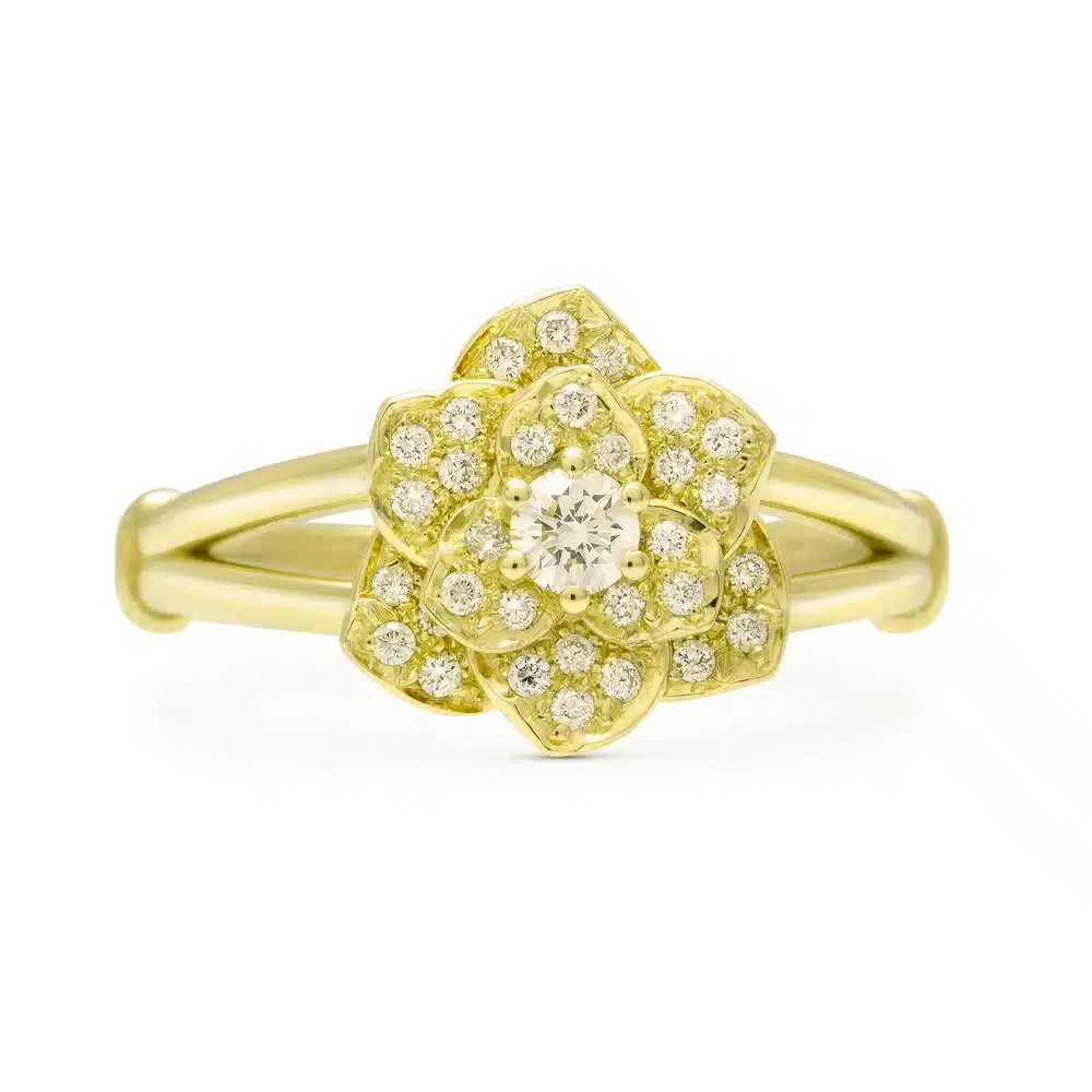 SF-0007A — Yellow Gold, face-up view Yellow gold bloom seen face-up, tiered diamond-set petals radiating from a round centre diamond