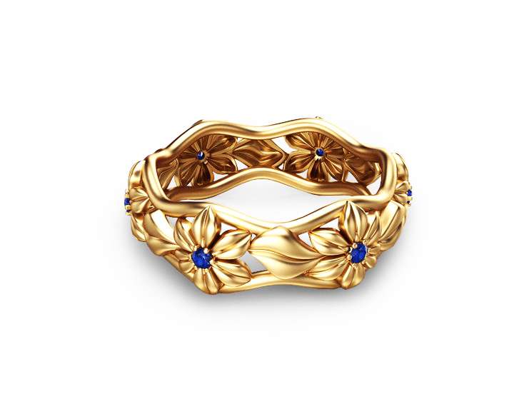 Blue Sapphire Eternity Wedding Band 14K Yellow Gold Flower Ring 2 Blue Sapphire Eternity Wedding Band 14K Yellow Gold Flower Ring