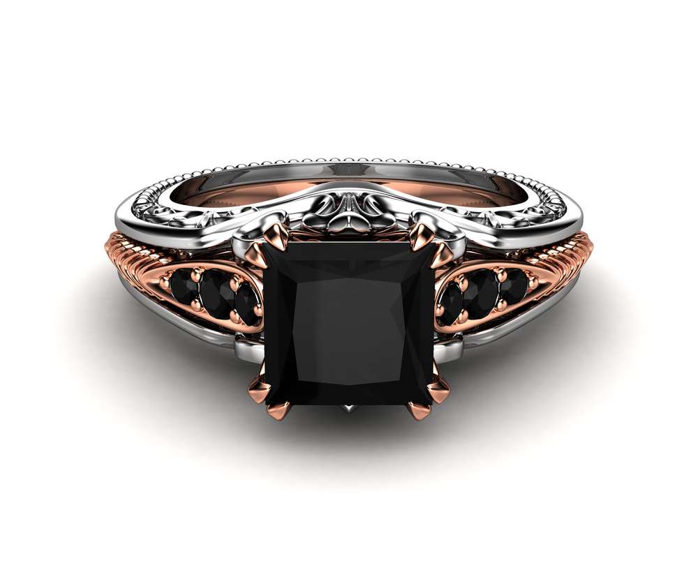Unique Engagement Ring 14K Two Tone Gold Ring Edwardian Black Diamond Engagement Ring 3 Unique Engagement Ring 14K Two Tone Gold Ring Edwardian Black Diamond Engagement Ring