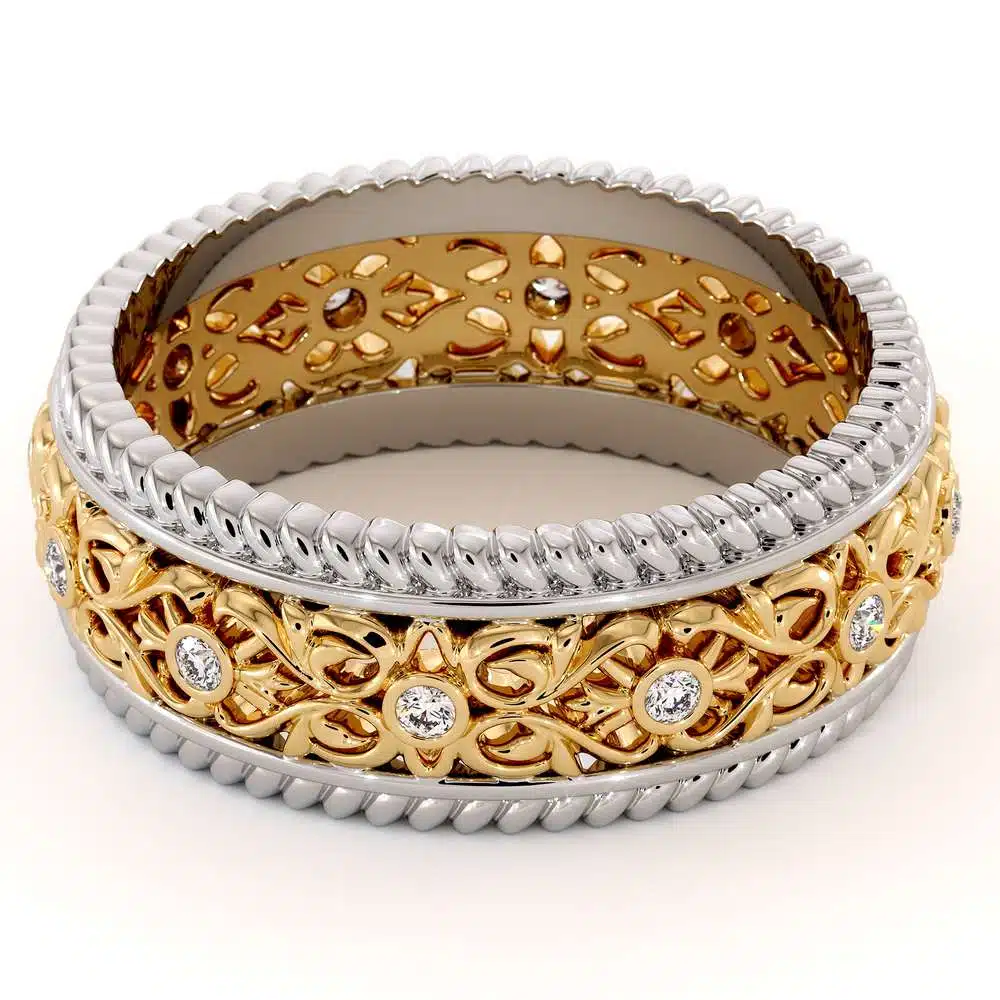 MB-0001H — White and Yellow Gold, angled view from the left Two-tone men's band tilted left, yellow gold openwork carrying the diamond row between braided white rails