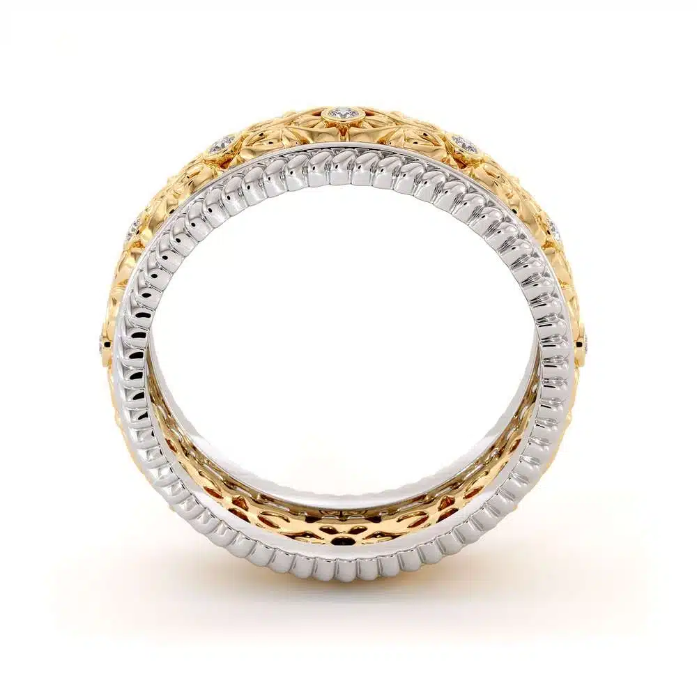 MB-0001H — White and Yellow Gold, profile through the band Profile through the two-tone men's band, white gold rope rails running each edge of the pierced gold core