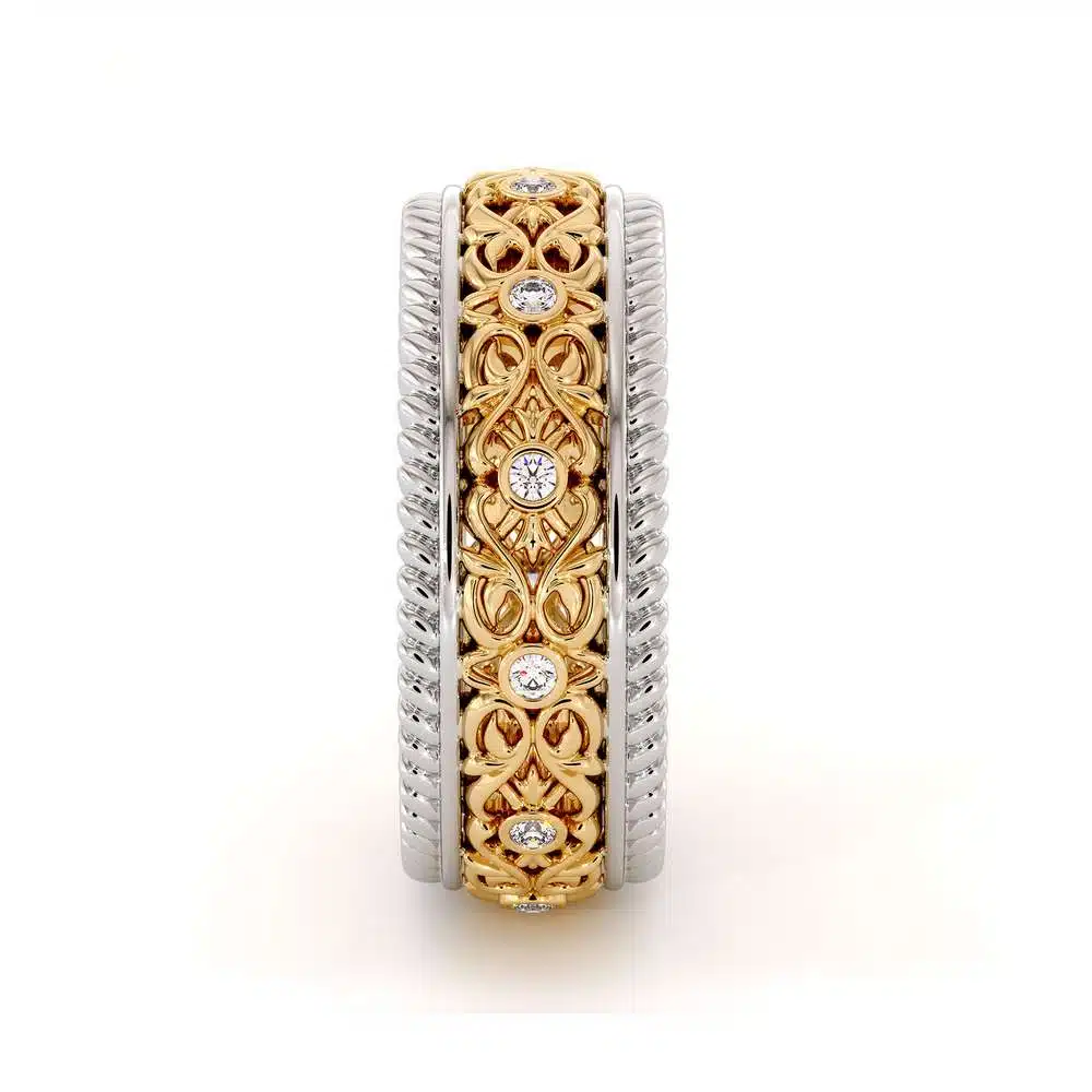 MB-0001H — White and Yellow Gold, side profile Side profile of the men's band, yellow gold filigree panel framed by ridged white gold borders