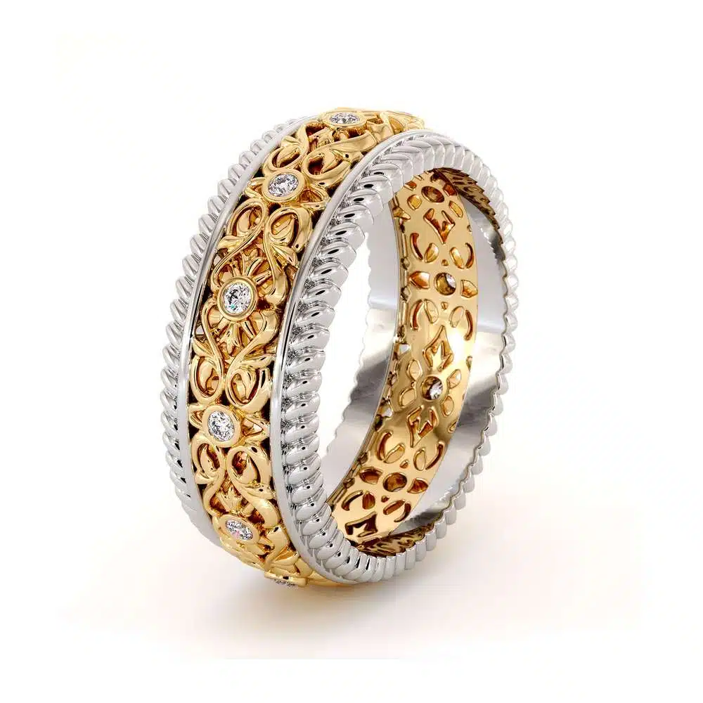 MB-0001H — White and Yellow Gold, three-quarter view Three-quarter view of the two-tone men's band, showing the openwork carried right through the ring