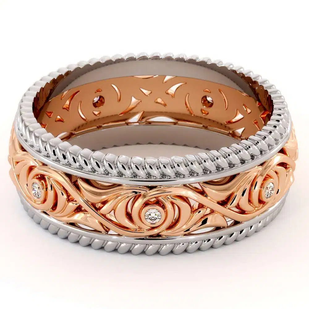 Diamond Wedding Band 14K Two Tone Gold Wedding Band Unique Art Deco Mens Wedding Band 2 Diamond Wedding Band 14K Two Tone Gold Wedding Band Unique Art Deco Mens Wedding Band