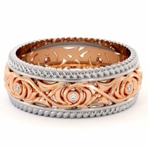 Diamond Wedding Band 14K Two Tone Gold Wedding Band Unique Art Deco Mens Wedding Band