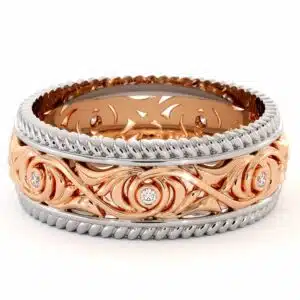 Diamond Wedding Band 14K Two Tone Gold Wedding Band Unique Art Deco Mens Wedding Band