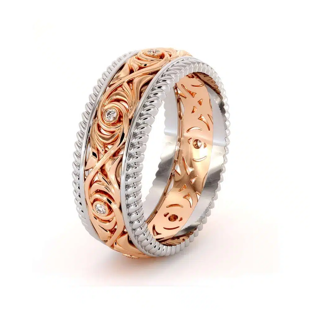 Diamond Wedding Band 14K Two Tone Gold Wedding Band Unique Art Deco Mens Wedding Band 4 Diamond Wedding Band 14K Two Tone Gold Wedding Band Unique Art Deco Mens Wedding Band