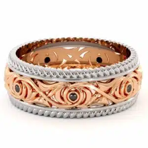 Black Diamonds Wedding Band 14K Two Tone Gold Wedding Band Unique Art Deco Mens Wedding Ring