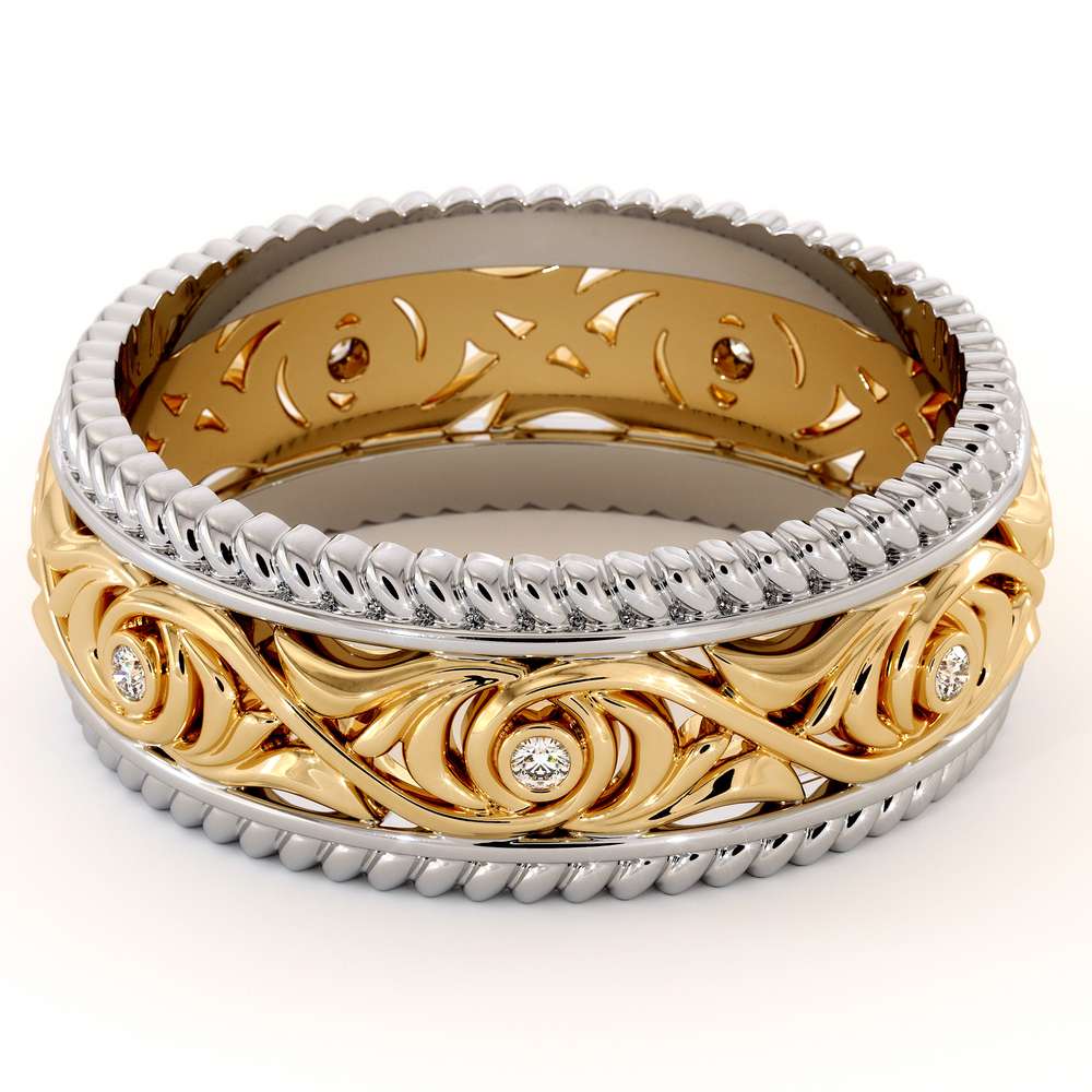 Diamond Wedding Band 14K Two Tone Gold Wedding Band Unique Art Deco Mens Wedding Ring 2 Diamond Wedding Band 14K Two Tone Gold Wedding Band Unique Art Deco Mens Wedding Ring