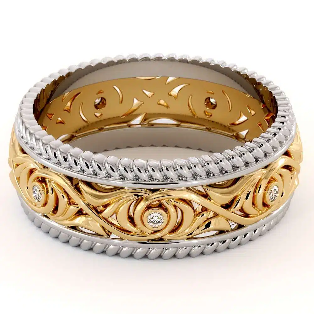Diamond Wedding Band 14K Two Tone Gold Wedding Band Unique Art Deco Mens Wedding Ring