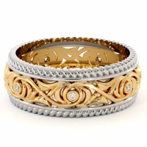 Diamond Wedding Band 14K Two Tone Gold Wedding Band Unique Art Deco Mens Wedding Ring