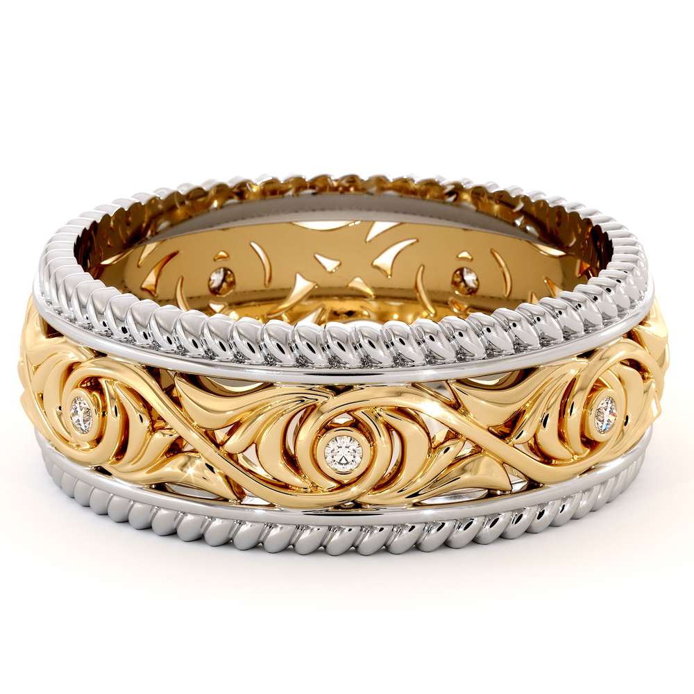 Diamond Wedding Band 14K Two Tone Gold Wedding Band Unique Art Deco Mens Wedding Ring 1 Diamond Wedding Band 14K Two Tone Gold Wedding Band Unique Art Deco Mens Wedding Ring