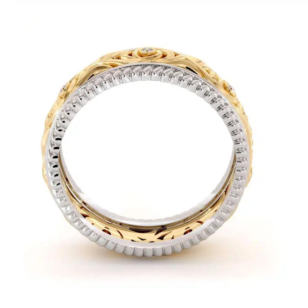 Diamond Wedding Band 14K Two Tone Gold Wedding Band Unique Art Deco Mens Wedding Ring