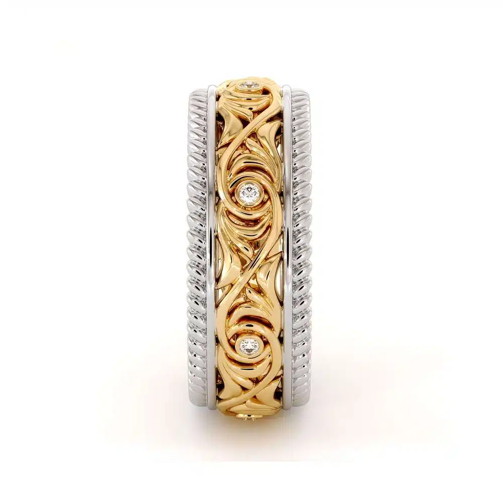 Diamond Wedding Band 14K Two Tone Gold Wedding Band Unique Art Deco Mens Wedding Ring