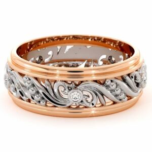 Unique Mens Wedding Band Diamonds Wedding Ring 14K White & Rose Gold Wedding Band