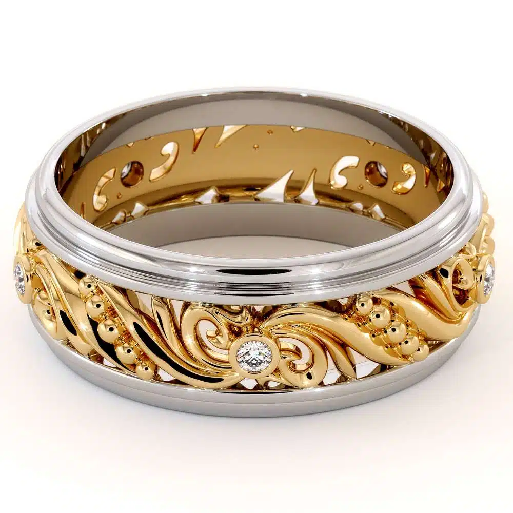 Unique Mens Wedding Band Diamonds Wedding Ring 14K Yellow & White Gold Wedding Band 2 Unique Mens Wedding Band Diamonds Wedding Ring 14K Yellow & White Gold Wedding Band