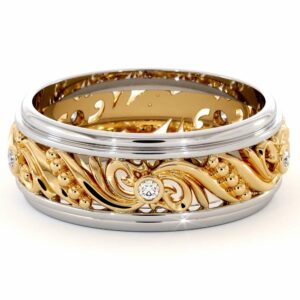 Unique Mens Wedding Band Diamonds Wedding Ring 14K Yellow & White Gold Wedding Band