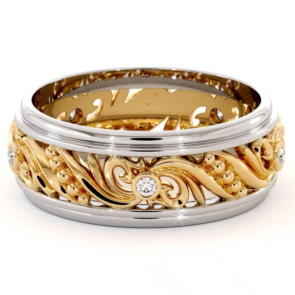 Unique Mens Wedding Band Diamonds Wedding Ring 14K Yellow & White Gold Wedding Band 1 Unique Mens Wedding Band Diamonds Wedding Ring 14K Yellow & White Gold Wedding Band