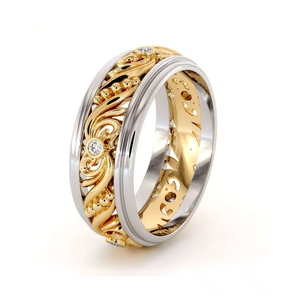Unique Mens Wedding Band Diamonds Wedding Ring 14K Yellow & White Gold Wedding Band 4 Unique Mens Wedding Band Diamonds Wedding Ring 14K Yellow & White Gold Wedding Band