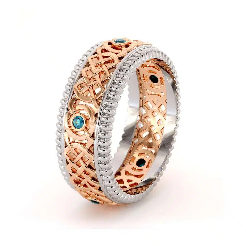 14K Two Tone Gold Ring-men's Wedding Band-Blue Diamonds Ring-Men Wedding Ring-Rose White Ring 4 14K Two Tone Gold Ring-men's Wedding Band-Blue Diamonds Ring-Men Wedding Ring-Rose White Ring