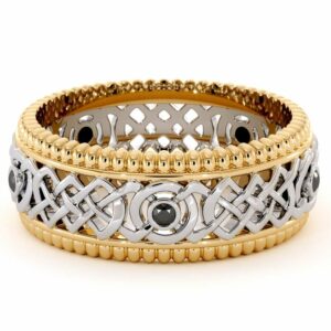 14K Two Tone Gold Ring-men's Wedding Band-Black Diamonds Ring-Men Wedding Ring-Yellow White Ring