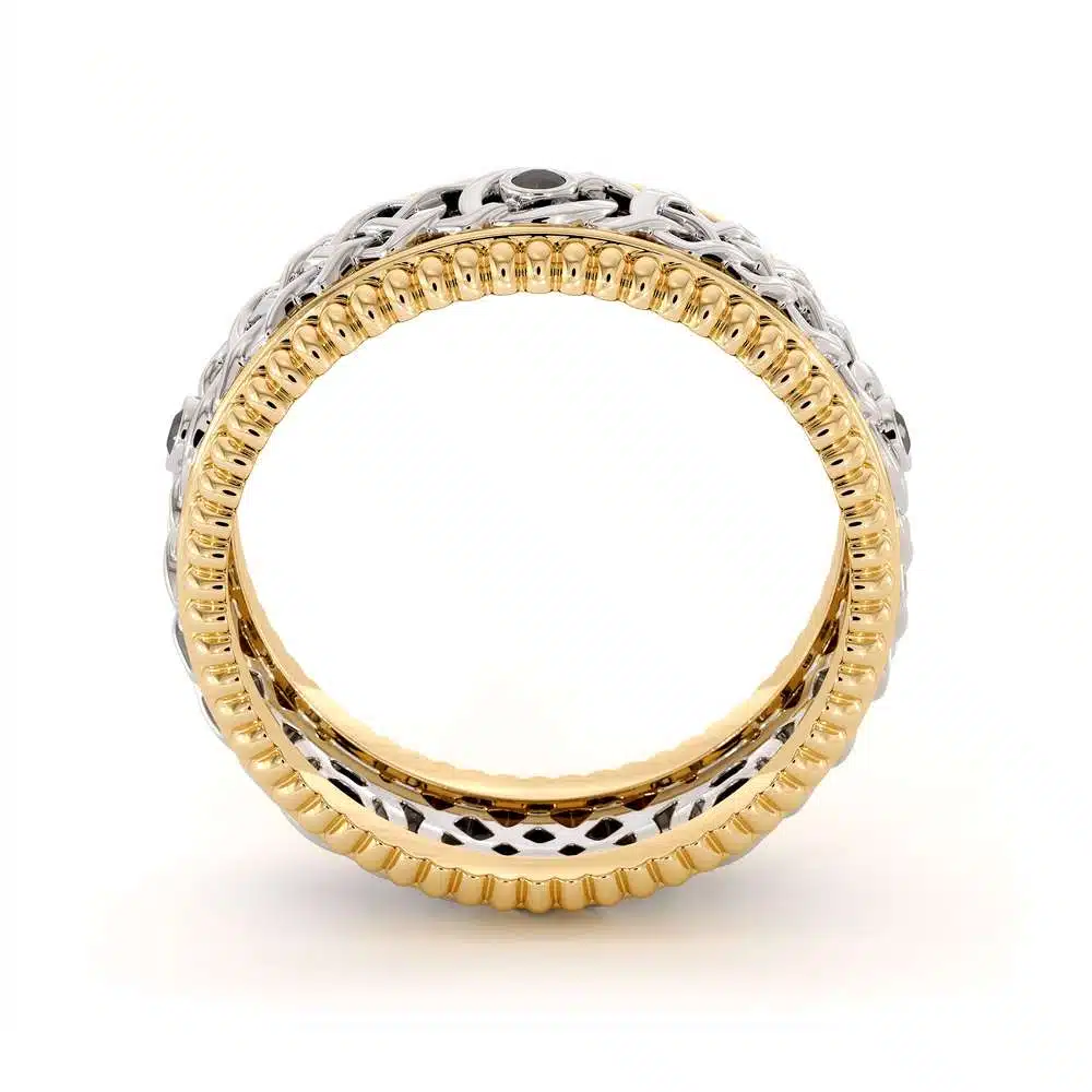14K Two Tone Gold Ring-men's Wedding Band-Black Diamonds Ring-Men Wedding Ring-Yellow White Ring