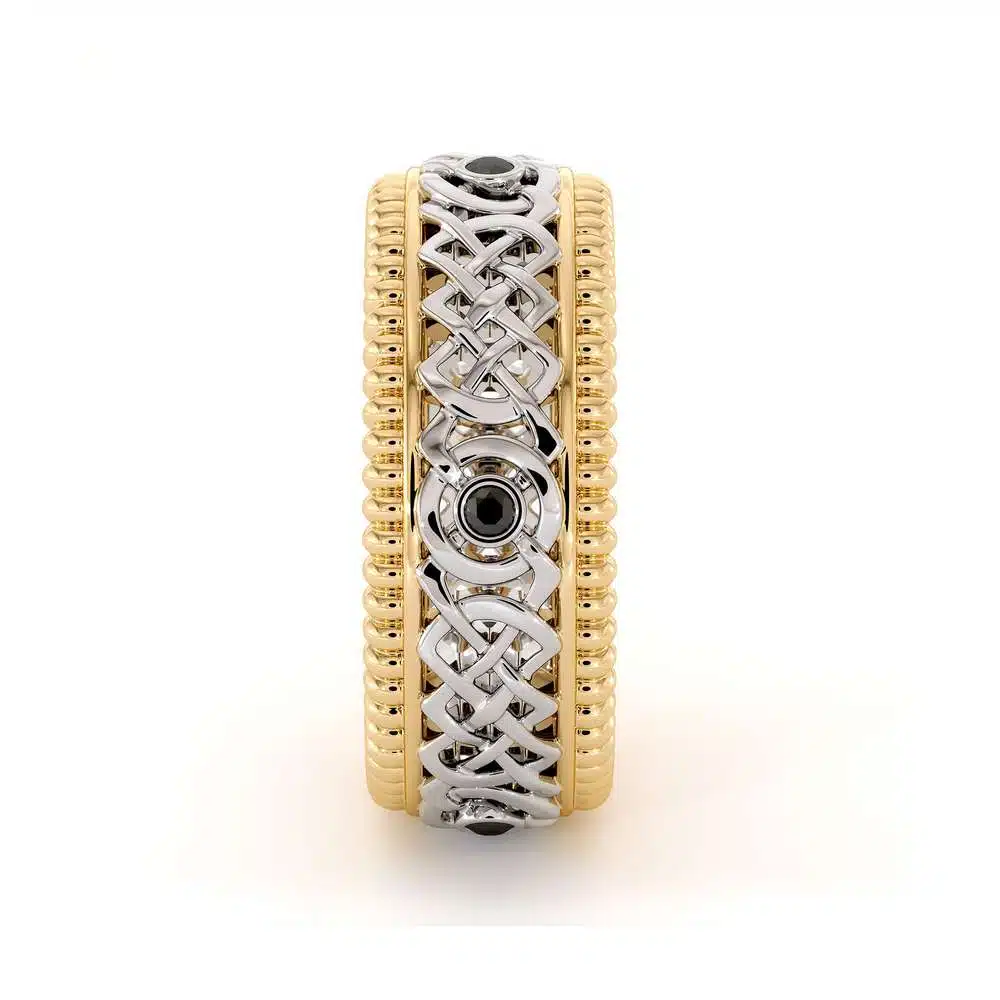 14K Two Tone Gold Ring-men's Wedding Band-Black Diamonds Ring-Men Wedding Ring-Yellow White Ring