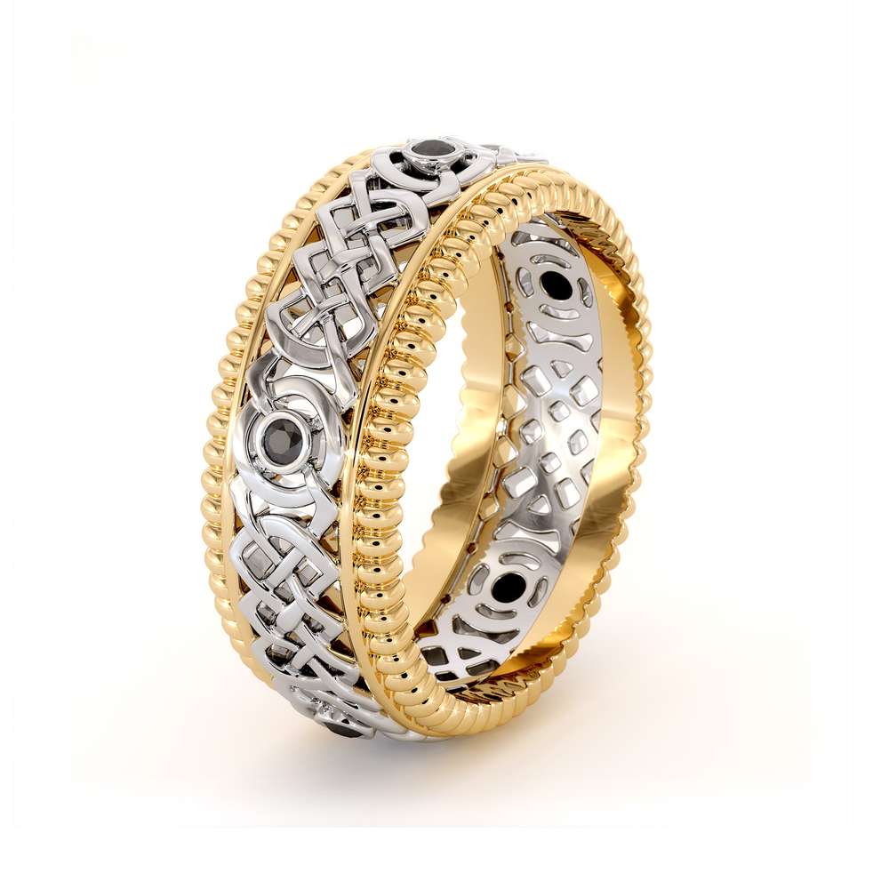 14K Two Tone Gold Ring-men's Wedding Band-Black Diamonds Ring-Men Wedding Ring-Yellow White Ring