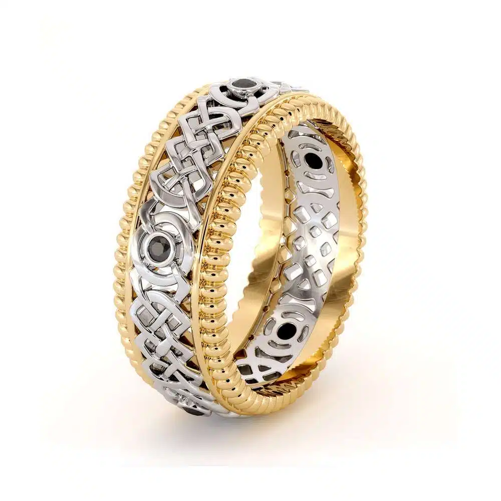 14K Two Tone Gold Ring-men's Wedding Band-Black Diamonds Ring-Men Wedding Ring-Yellow White Ring