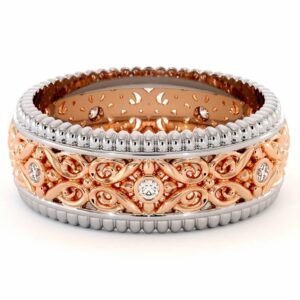 Diamond Wedding Mens Band-14K Two Tone Gold Wedding Ring-Art Deco Mens Wedding Band