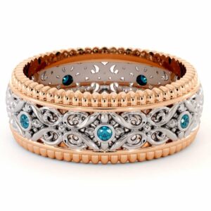 Blue Diamonds Wedding Band For Men-14K Two Tone Gold Wedding Band-Art Deco Mens Wedding Band