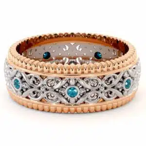 Blue Diamonds Wedding Band For Men-14K Two Tone Gold Wedding Band-Art Deco Mens Wedding Band