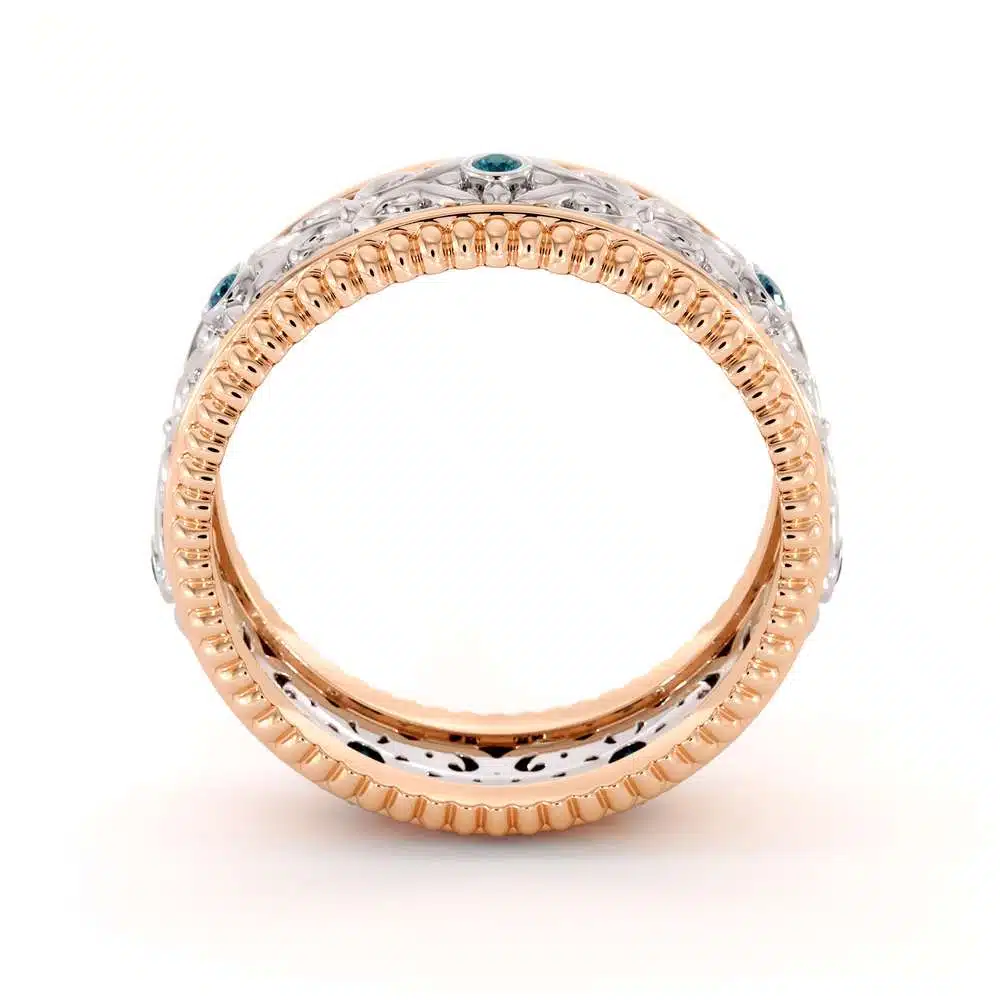 Blue Diamonds Wedding Band For Men-14K Two Tone Gold Wedding Band-Art Deco Mens Wedding Band 6 Blue Diamonds Wedding Band For Men-14K Two Tone Gold Wedding Band-Art Deco Mens Wedding Band
