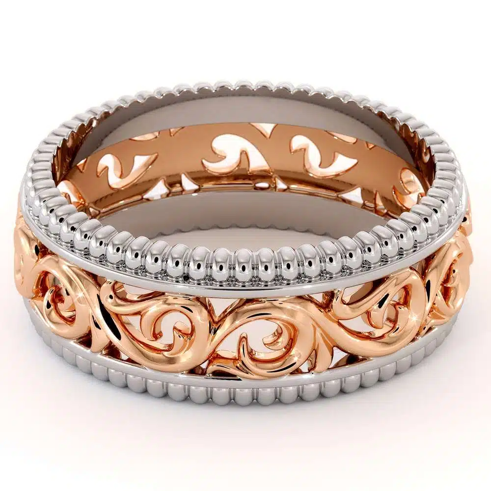 Filigree Men's Wedding Ring-Mens Wedding Band Rose & White Gold-14K Two Tone Wedding Ring