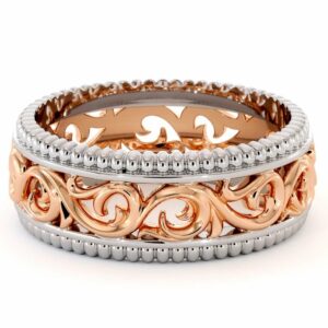 Filigree Men's Wedding Ring-Mens Wedding Band Rose & White Gold-14K Two Tone Wedding Ring