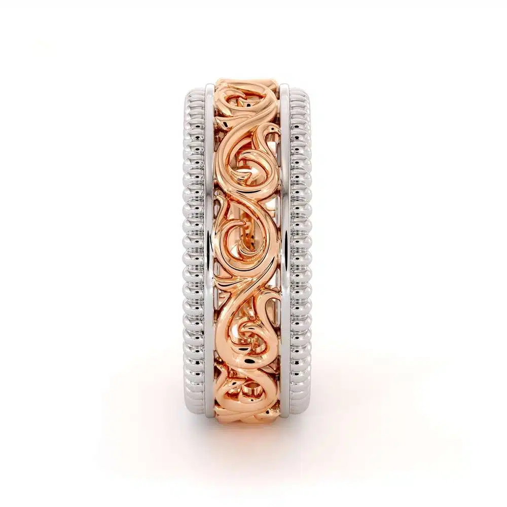 Filigree Men's Wedding Ring-Mens Wedding Band Rose & White Gold-14K Two Tone Wedding Ring