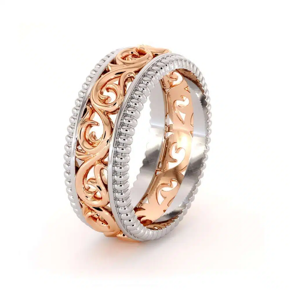 Filigree Men's Wedding Ring-Mens Wedding Band Rose & White Gold-14K Two Tone Wedding Ring