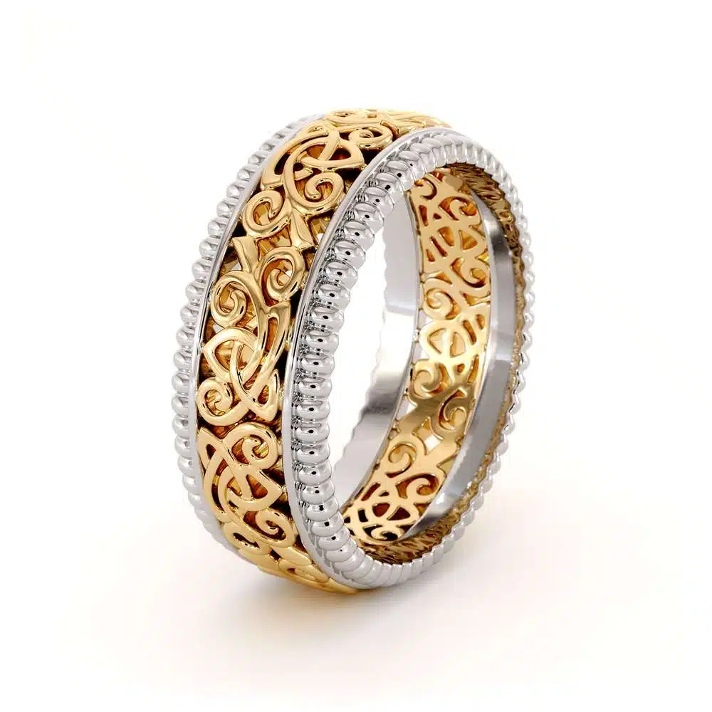 Men's 14K Two Tone Gold Wedding Band-Men Wedding rings Art Deco Mens Ring