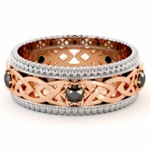 Mens Wedding Band-Two Tone Diamond Band-Filigree 14K Rose and White Gold-Fine Jewelry