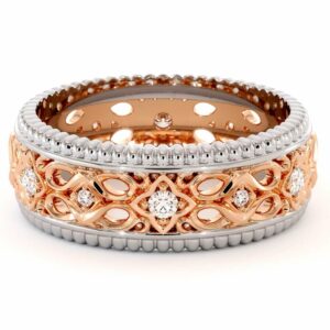Diamond Wedding Band 14K Two Tone Gold Wedding Ring Unique Art Deco Mens Wedding Band