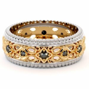 Unique Filigree Wedding Band-Black Diamonds Band-14K Two Tone Gold Ring-Mens Wedding Band