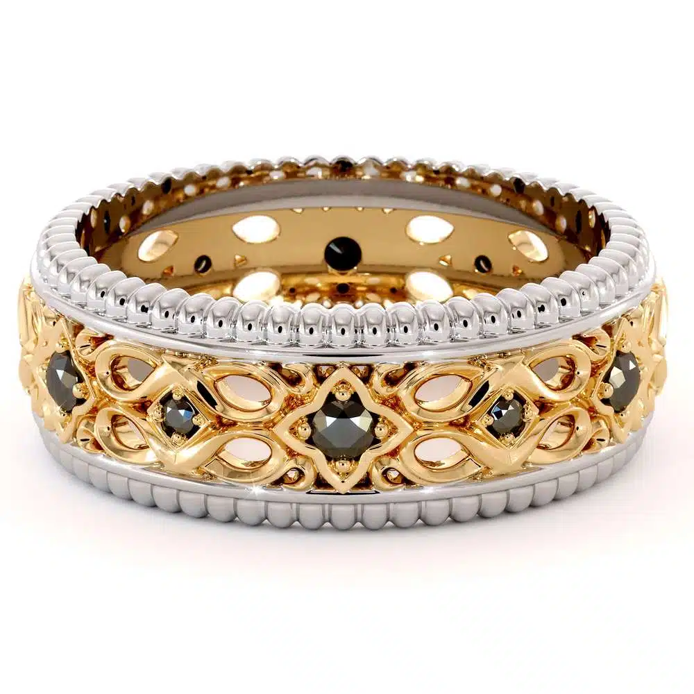 Unique Filigree Wedding Band-Black Diamonds Band-14K Two Tone Gold Ring-Mens Wedding Band 1 Unique Filigree Wedding Band-Black Diamonds Band-14K Two Tone Gold Ring-Mens Wedding Band