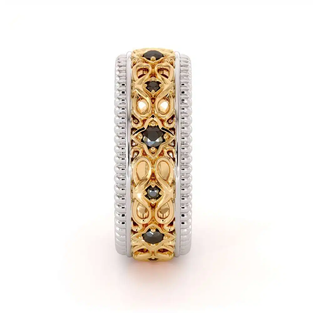 Unique Filigree Wedding Band-Black Diamonds Band-14K Two Tone Gold Ring-Mens Wedding Band 5 Unique Filigree Wedding Band-Black Diamonds Band-14K Two Tone Gold Ring-Mens Wedding Band
