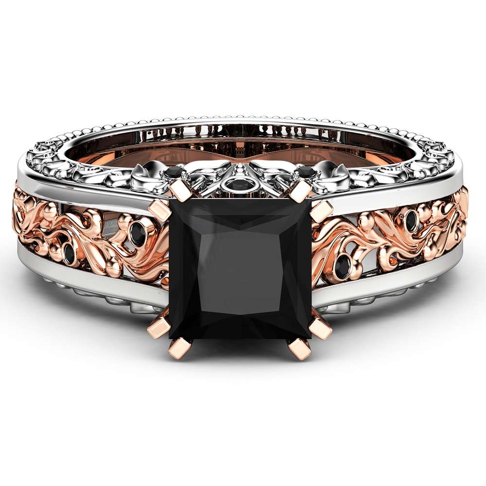 Princess Black Diamond Engagement Ring 14K Two Tone Gold Ring Victorian Black Diamond Engagement Ring 2 Princess Black Diamond Engagement Ring 14K Two Tone Gold Ring Victorian Black Diamond Engagement Ring