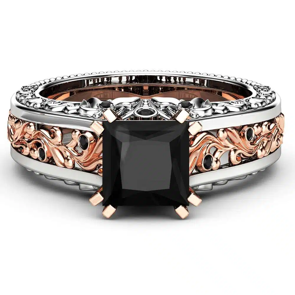 Princess Black Diamond Engagement Ring 14K Two Tone Gold Ring Victorian Black Diamond Engagement Ring