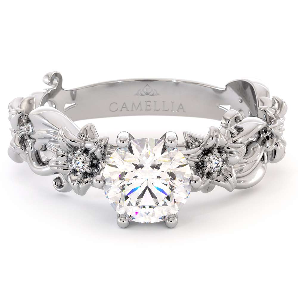 Moissanite Engagement Ring 14K White Gold Ring Unique Flower Ring