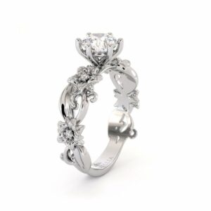 Moissanite Engagement Ring 14K White Gold Ring Unique Flower Ring